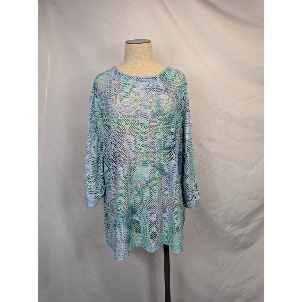 Mesh Knit Tie Dye‎ Sheer Tunic Top Beach Cover Up Pastel Blue Green Oversized